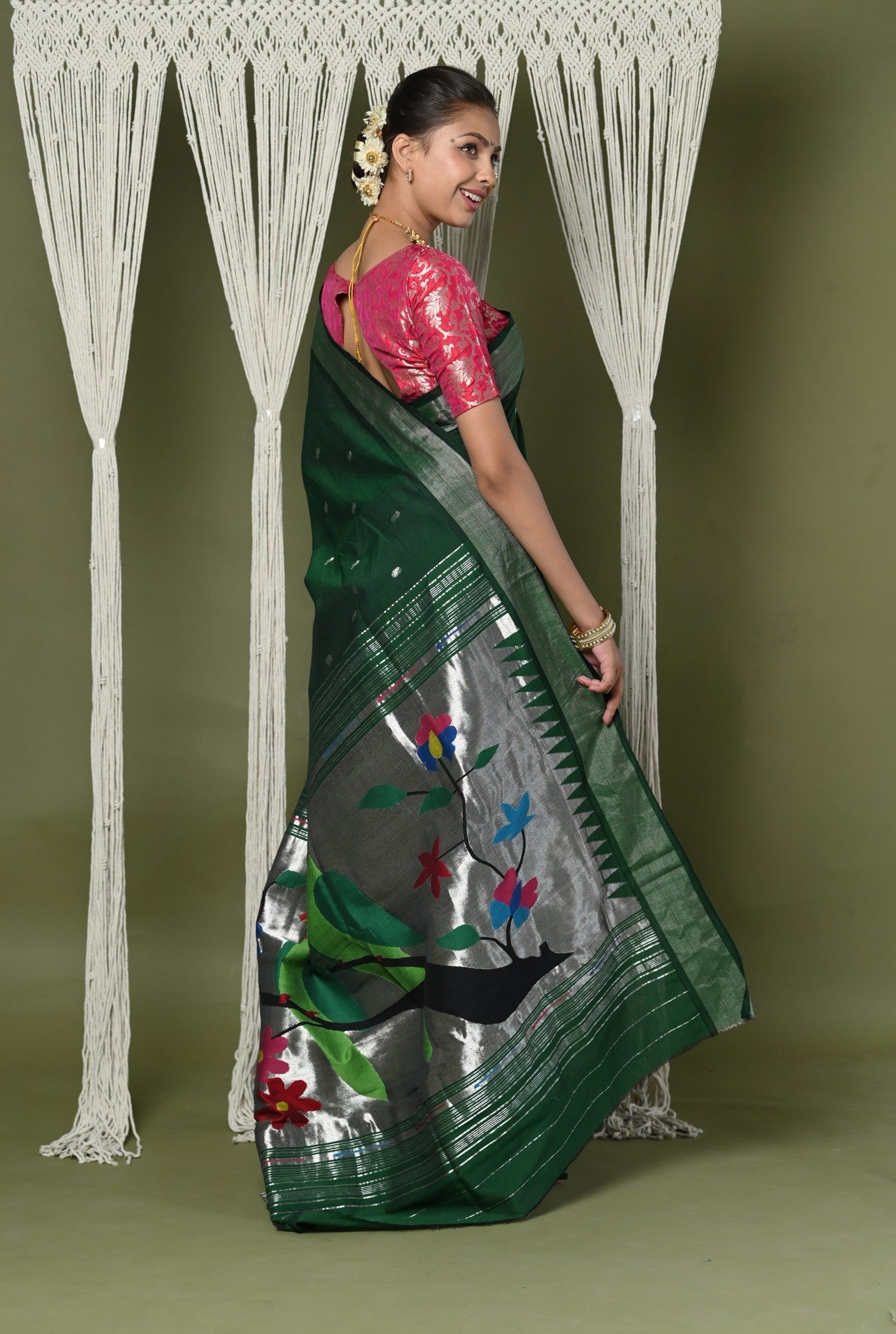 Very Much Indian EXCLUSIVE! Silver Zari Handloom Pure Cotton Paithani With Parrot Pallu - Forest Green - Distacart