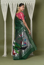 Thumbnail for Very Much Indian EXCLUSIVE! Silver Zari Handloom Pure Cotton Paithani With Parrot Pallu - Forest Green - Distacart