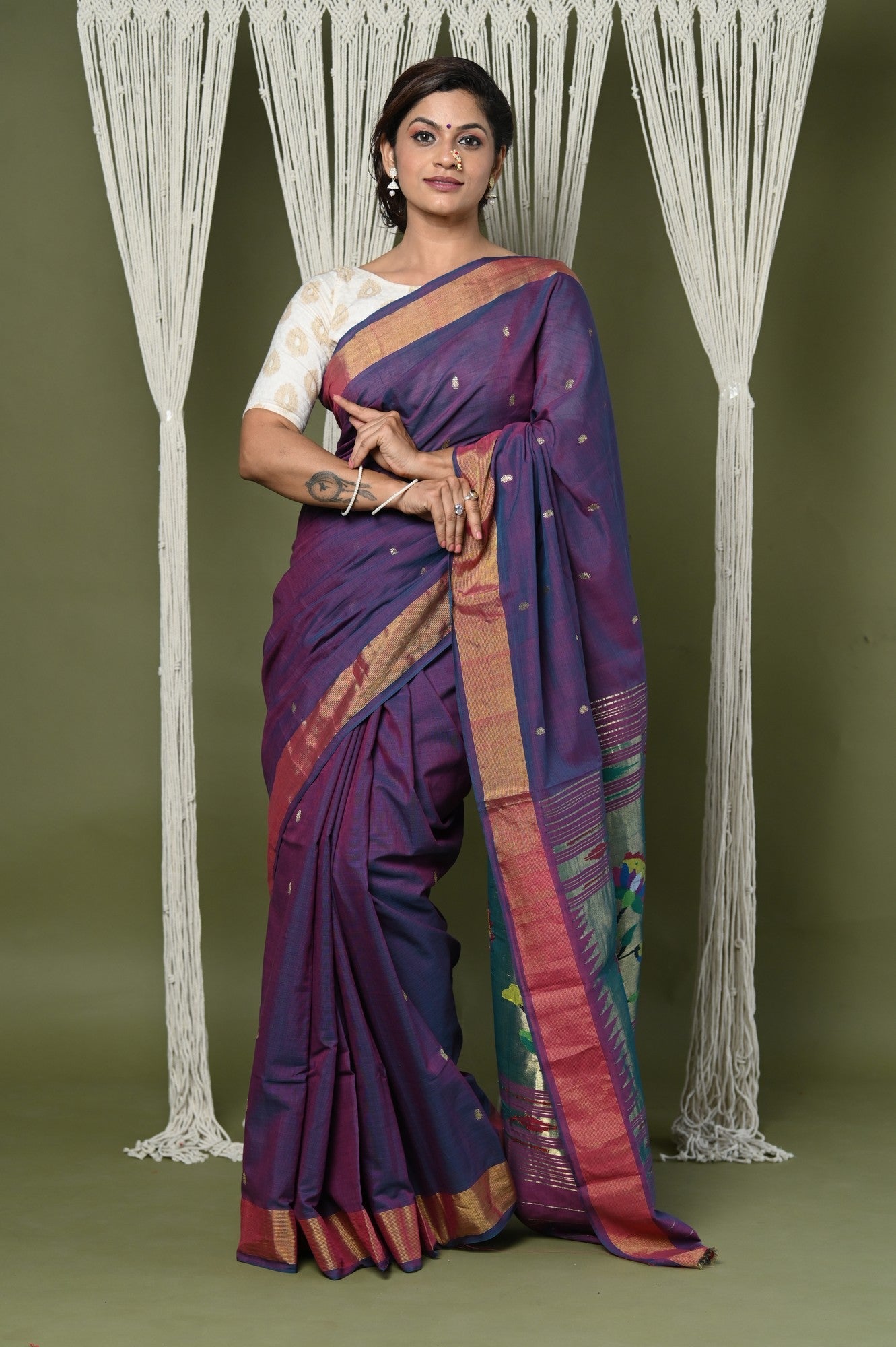 Very Much Indian EXCLUSIVE! Handloom Pure Cotton Paithani With Lotus Pallu - Dark Violet - Distacart