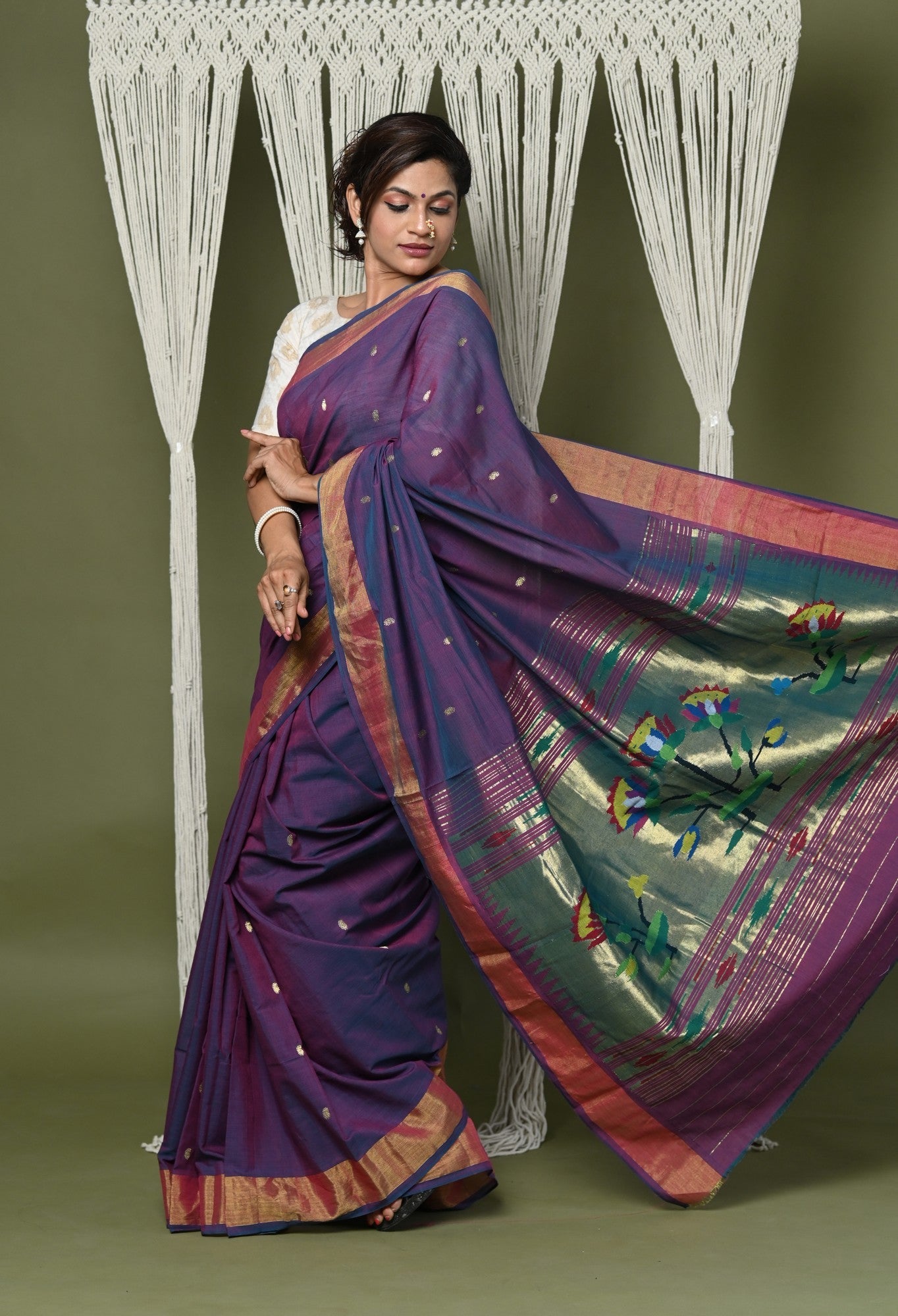 Very Much Indian EXCLUSIVE! Handloom Pure Cotton Paithani With Lotus Pallu - Dark Violet - Distacart