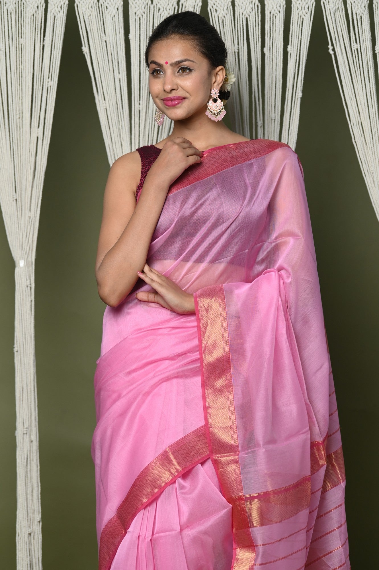 Very Much Indian Handloom Cotton Silk Saree With Sleek Golden Border - rose pink - Distacart