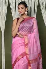 Thumbnail for Very Much Indian Handloom Cotton Silk Saree With Sleek Golden Border - rose pink - Distacart