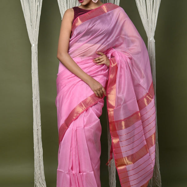 Very Much Indian Handloom Cotton Silk Saree With Sleek Golden Border - rose pink - Distacart