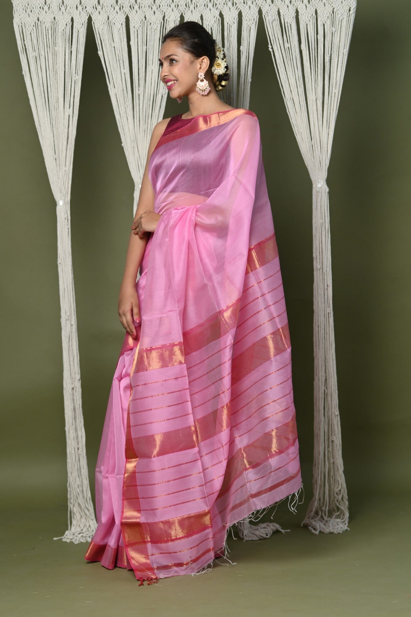 Very Much Indian Handloom Cotton Silk Saree With Sleek Golden Border - rose pink - Distacart