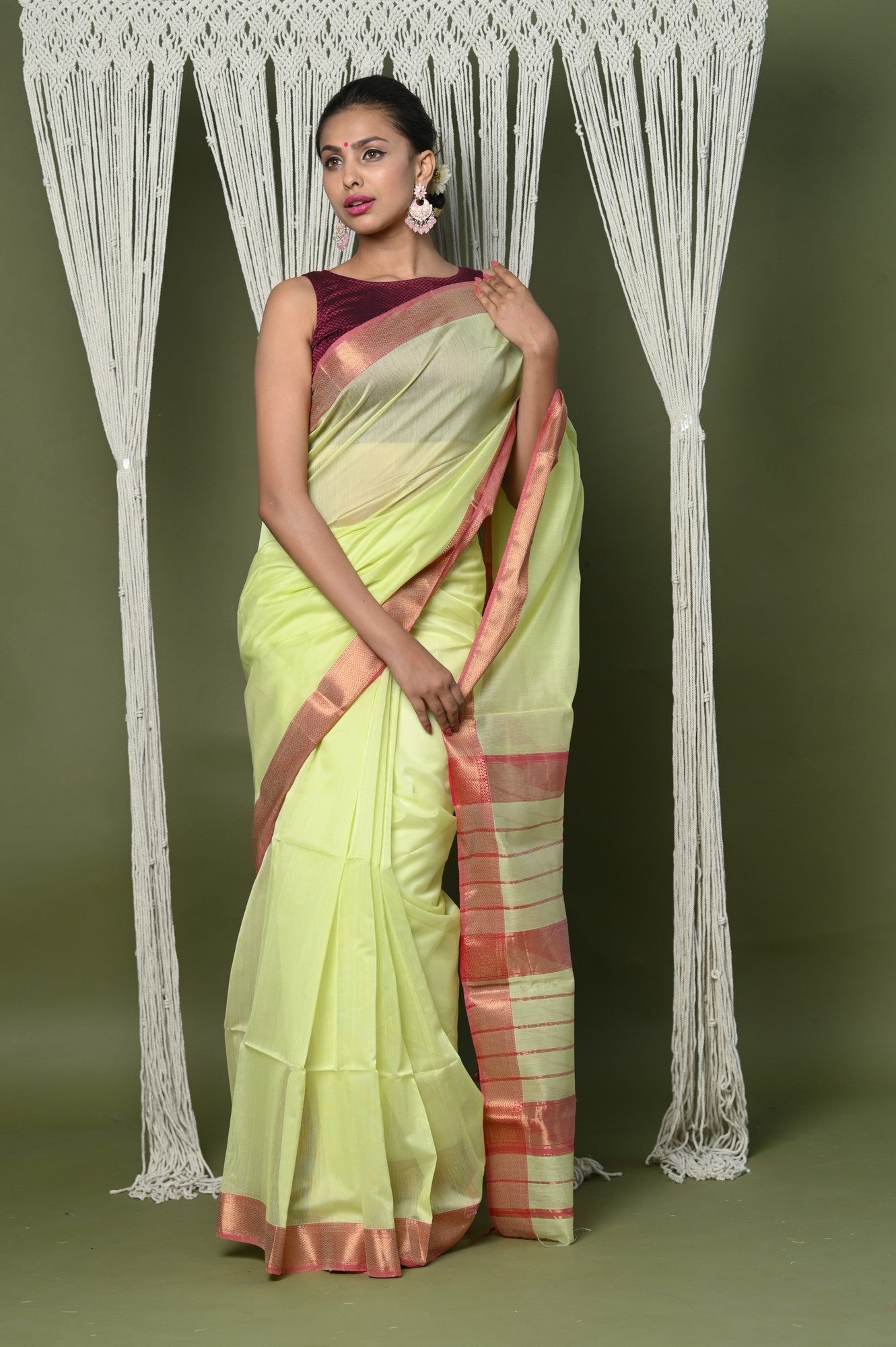 Very Much Indian Handloom Cotton Silk Saree With Sleek Golden Border - chartreuse green - Distacart