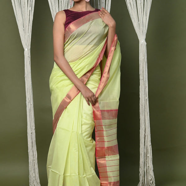 Very Much Indian Handloom Cotton Silk Saree With Sleek Golden Border - chartreuse green - Distacart
