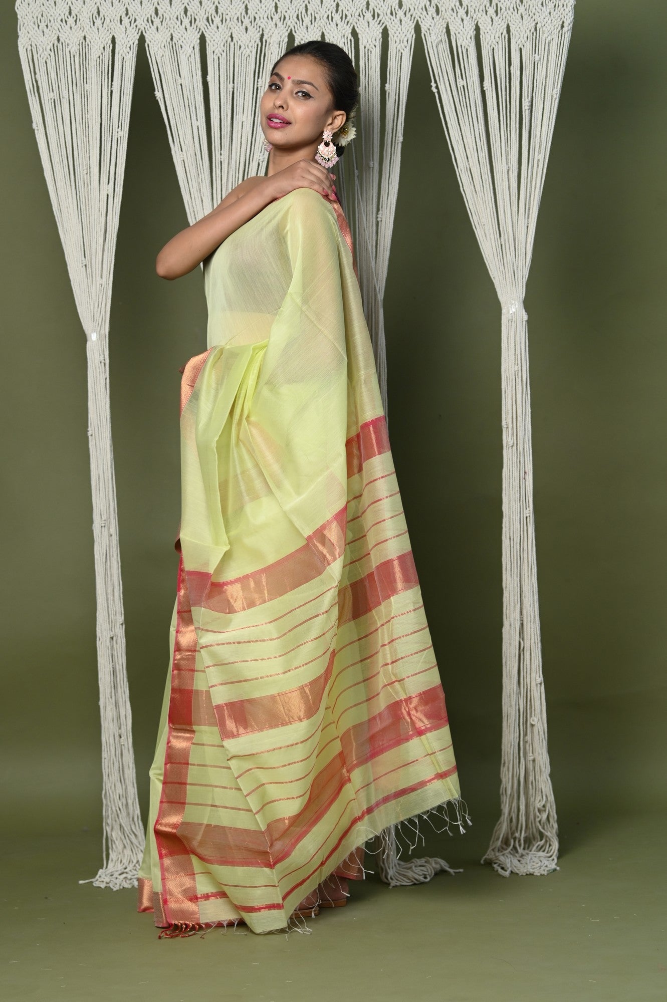 Very Much Indian Handloom Cotton Silk Saree With Sleek Golden Border - chartreuse green - Distacart