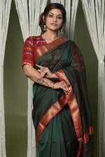 Thumbnail for Very Much Indian Handloom Cotton Silk Saree With Sleek Golden Border - dark green - Distacart