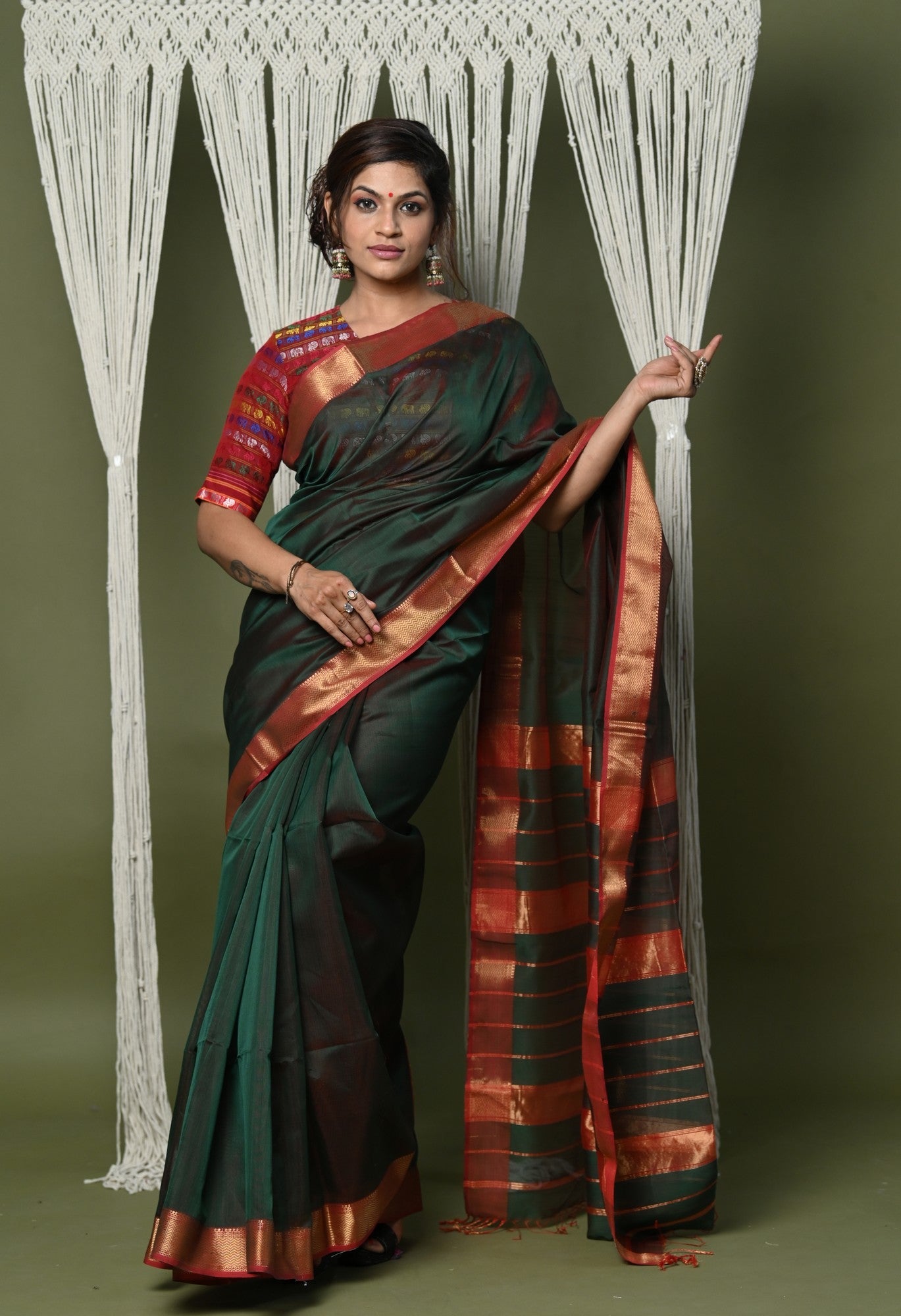 Very Much Indian Handloom Cotton Silk Saree With Sleek Golden Border - dark green - Distacart