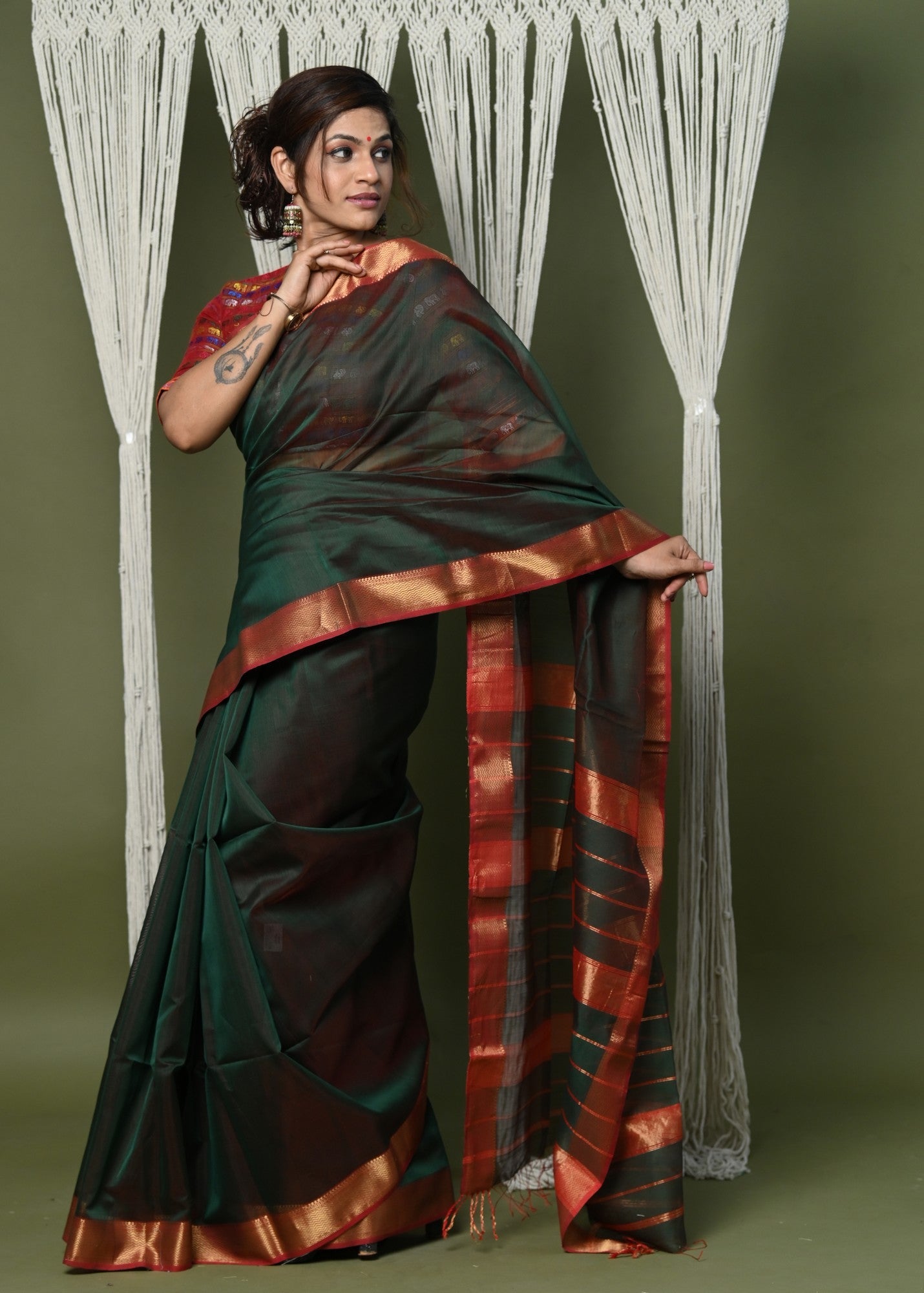 Very Much Indian Handloom Cotton Silk Saree With Sleek Golden Border - dark green - Distacart