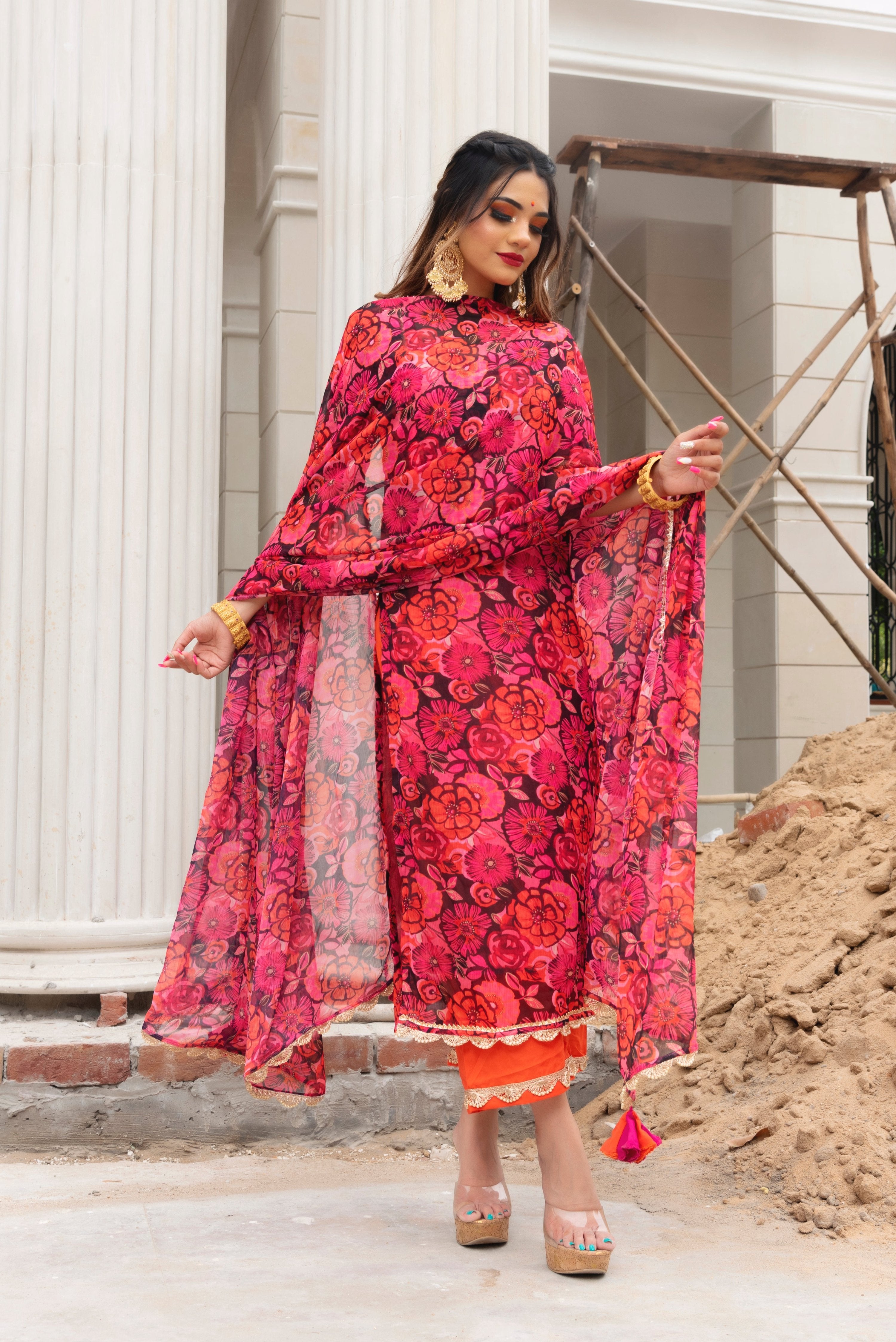 Pomcha Jaipur Orange Phool Jaal Chiffon Suit Set - Distacart