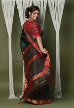 Thumbnail for Very Much Indian Handloom Cotton Silk Saree With Sleek Golden Border - dark green - Distacart