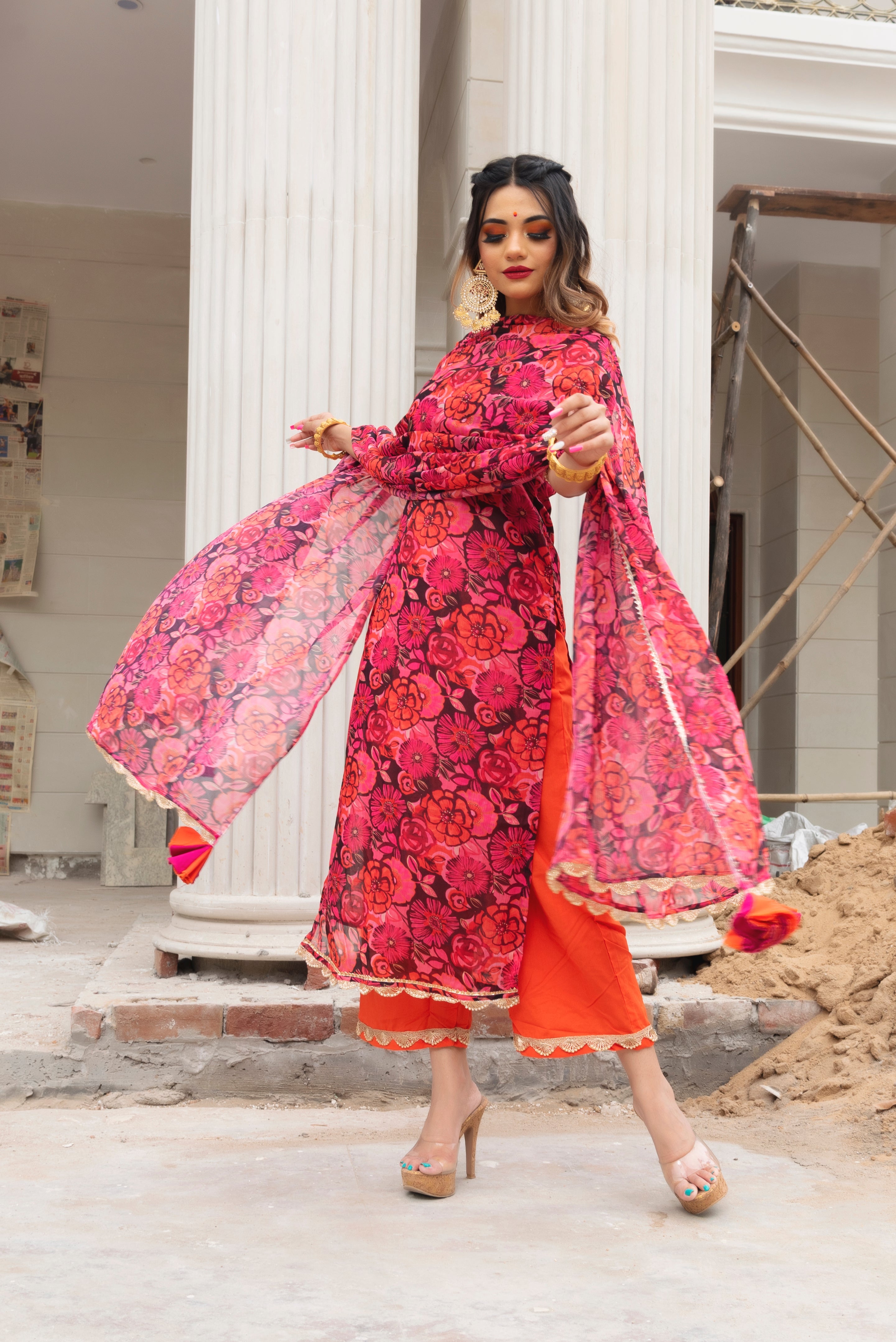 Pomcha Jaipur Orange Phool Jaal Chiffon Suit Set - Distacart