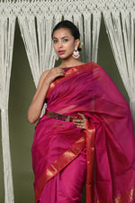 Thumbnail for Very Much Indian Handloom Cotton Silk Saree With Sleek Golden Border - Red - Distacart