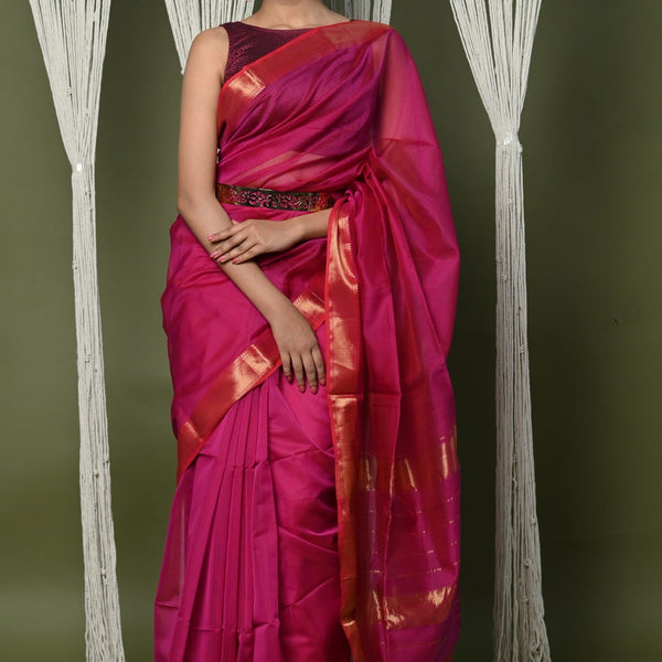 Very Much Indian Handloom Cotton Silk Saree With Sleek Golden Border - Red - Distacart