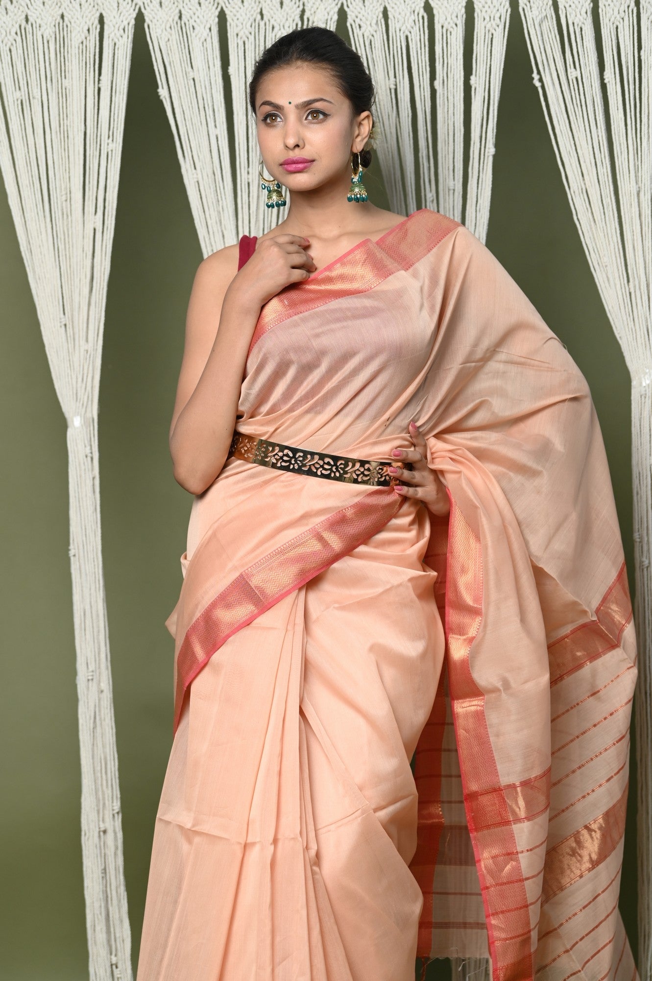 Very Much Indian Handloom Cotton Silk Saree With Sleek Golden Border - Beige - Distacart