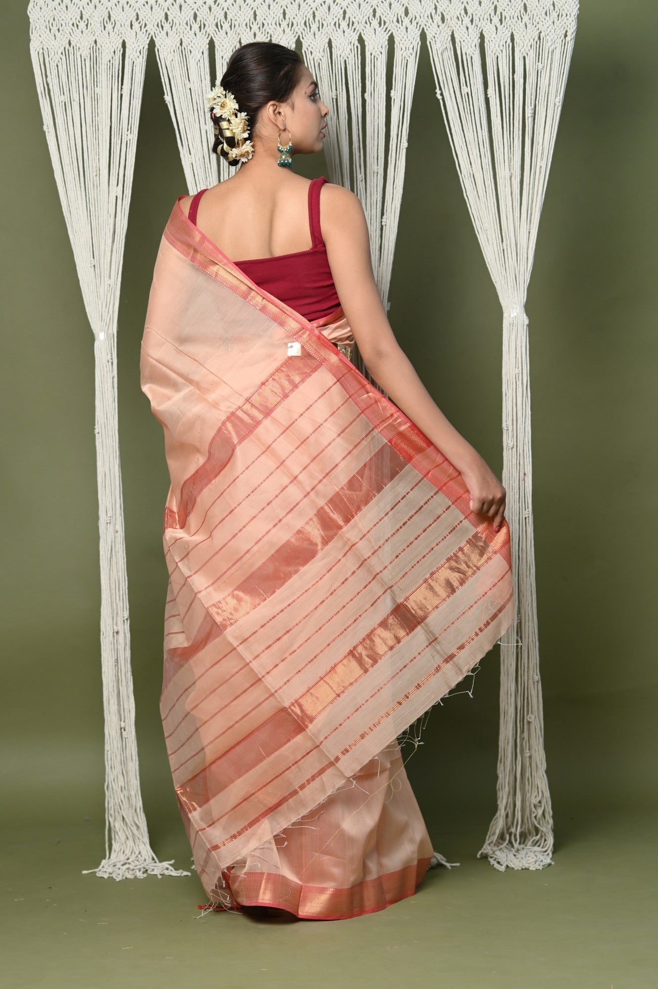 Very Much Indian Handloom Cotton Silk Saree With Sleek Golden Border - Beige - Distacart