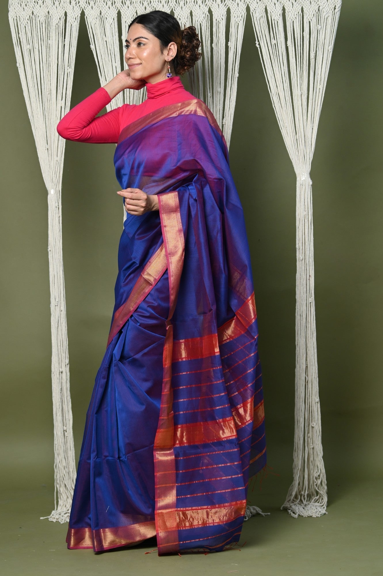Very Much Indian Handloom Cotton Silk Saree With Sleek Golden Border - dark blue - Distacart