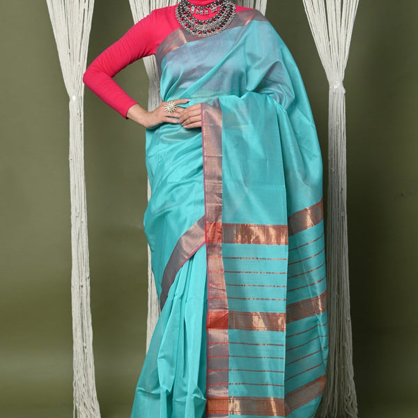 Very Much Indian Handloom Cotton Silk Saree With Sleek Golden Border - sky blue - Distacart