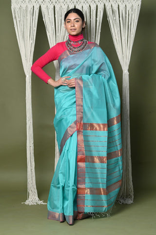 Very Much Indian Handloom Cotton Silk Saree With Sleek Golden Border - sky blue - Distacart