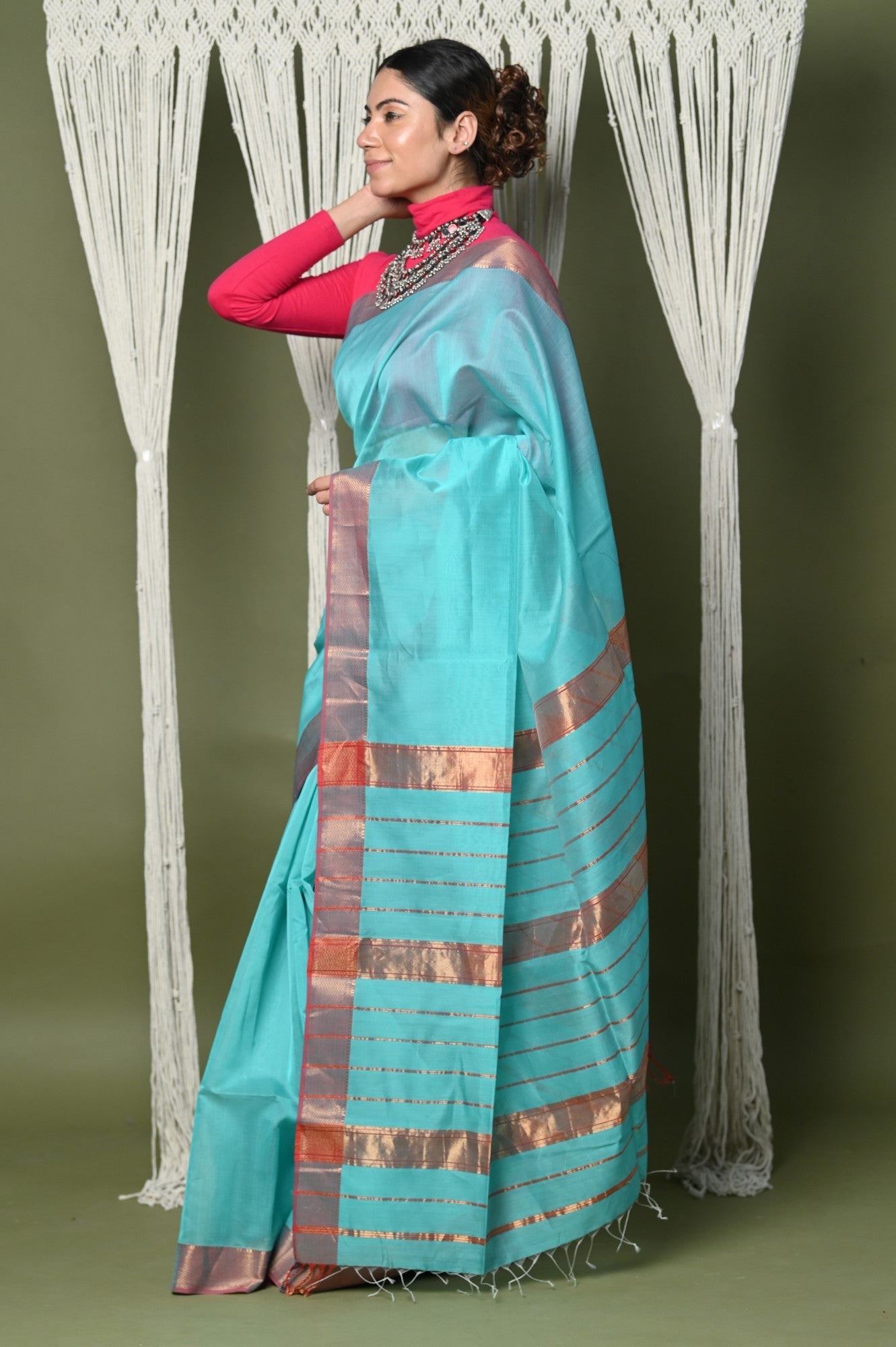 Very Much Indian Handloom Cotton Silk Saree With Sleek Golden Border - sky blue - Distacart