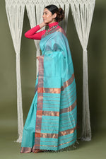 Thumbnail for Very Much Indian Handloom Cotton Silk Saree With Sleek Golden Border - sky blue - Distacart