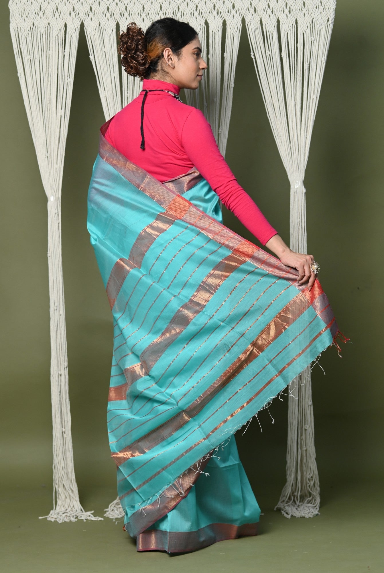 Very Much Indian Handloom Cotton Silk Saree With Sleek Golden Border - sky blue - Distacart