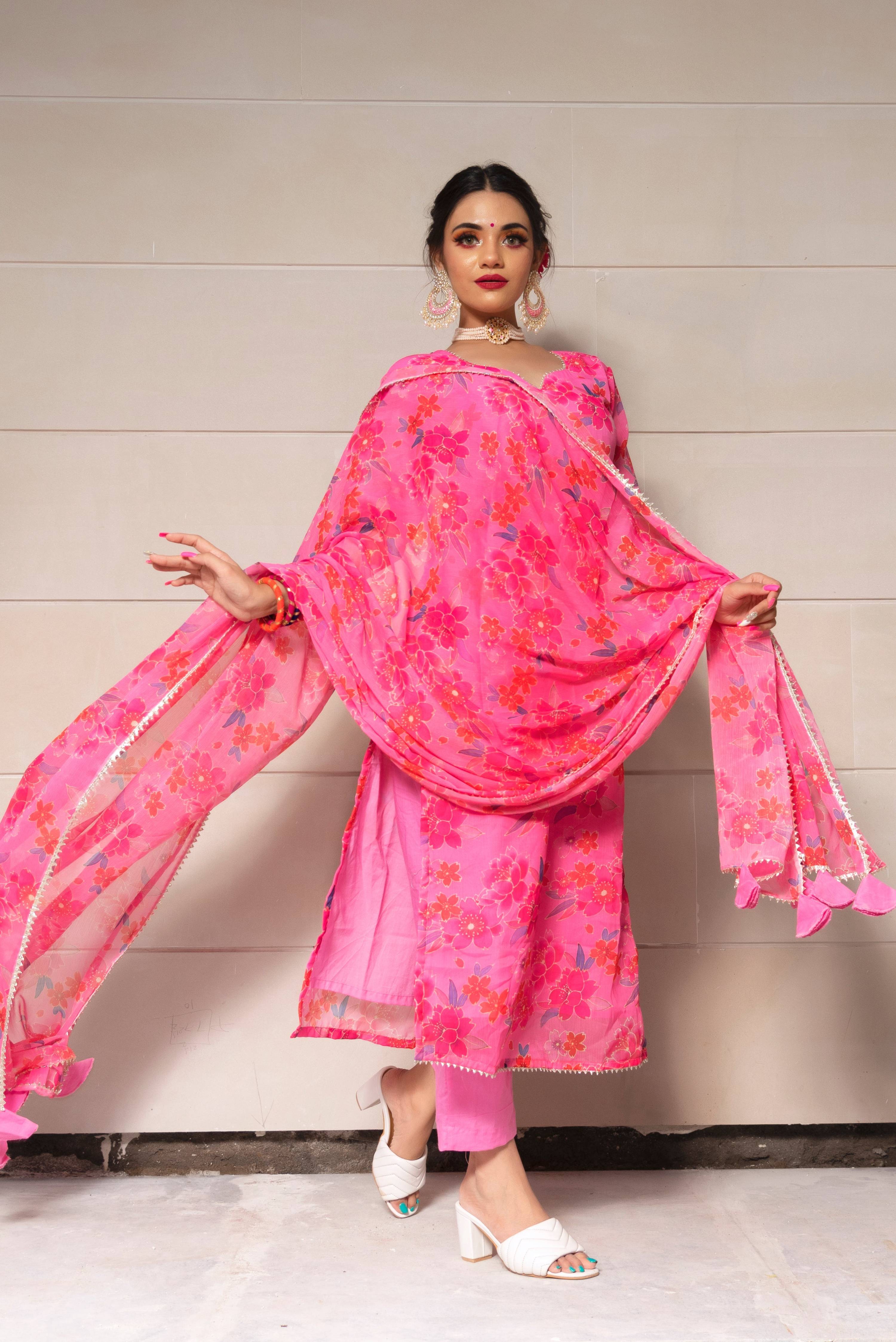Pomcha Jaipur Cosmos Pink Chinnon Chiffon Suit Set - Distacart