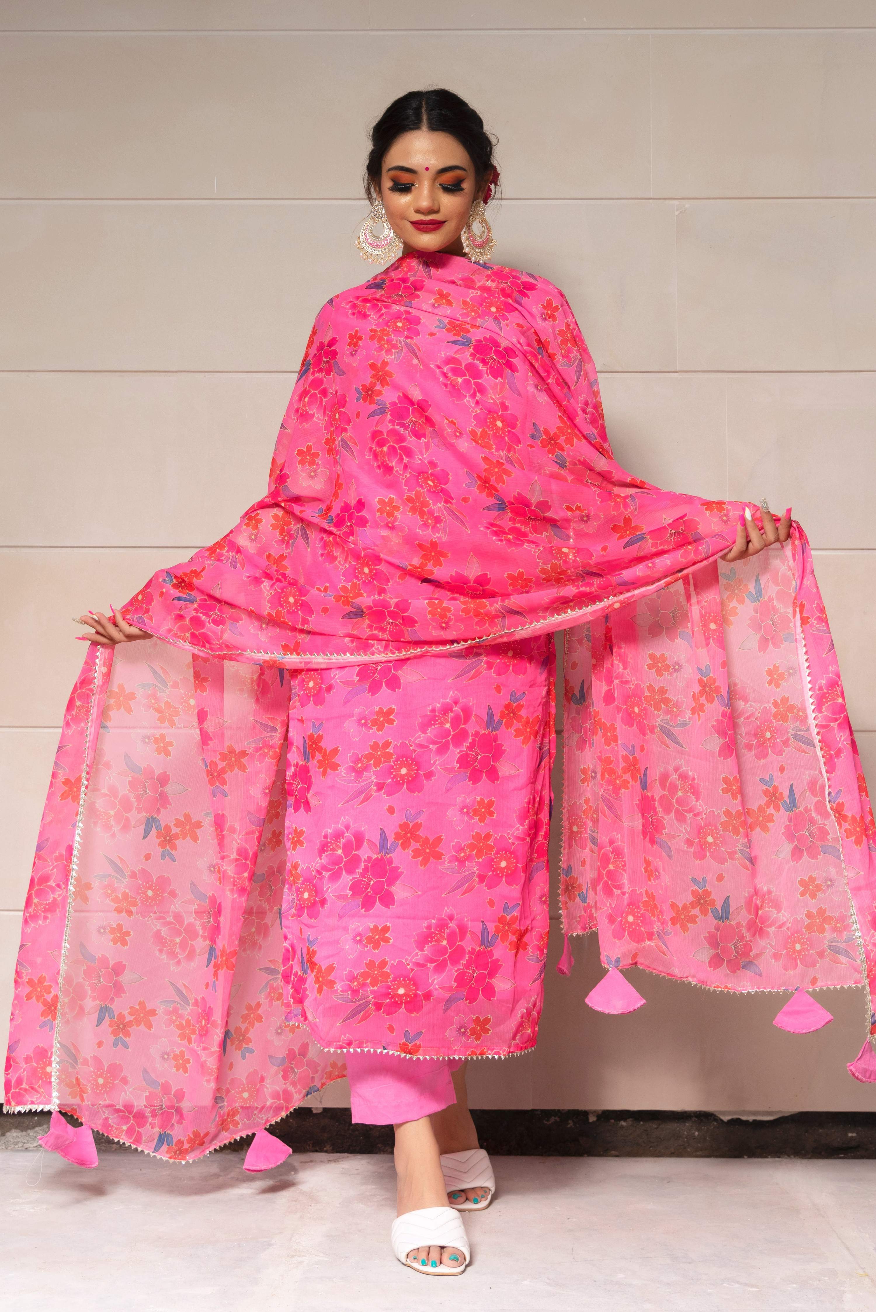 Pomcha Jaipur Cosmos Pink Chinnon Chiffon Suit Set - Distacart