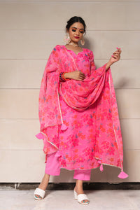 Thumbnail for Pomcha Jaipur Cosmos Pink Chinnon Chiffon Suit Set - Distacart