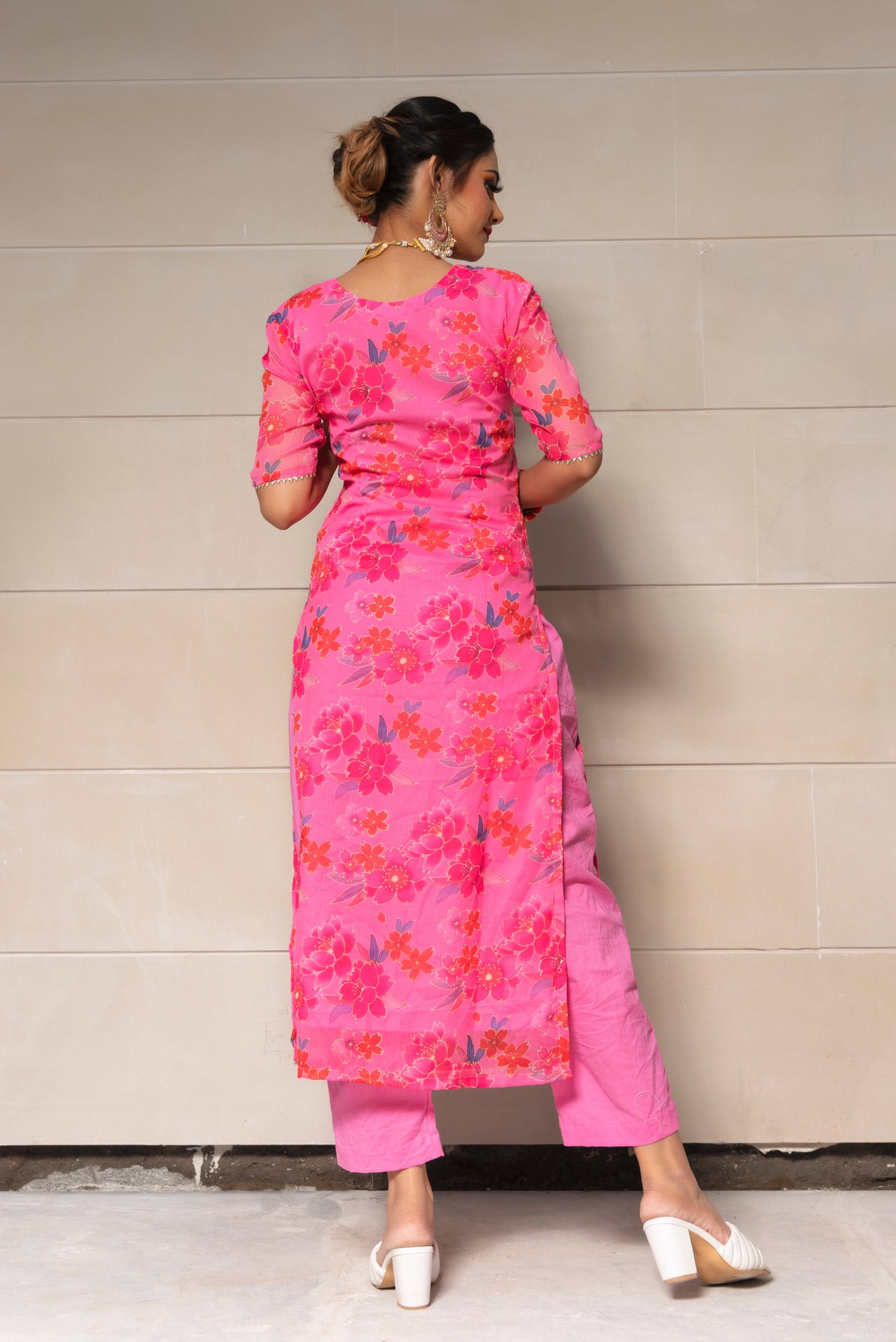 Pomcha Jaipur Cosmos Pink Chinnon Chiffon Suit Set - Distacart