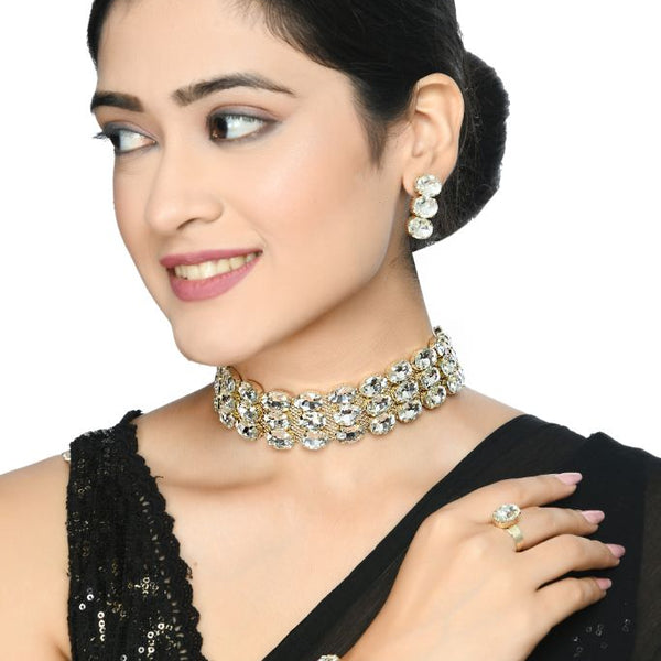 Mominos Fashion Johar Kamal Gold-Plated Finish Stone Choker For Women (White) - Distacart