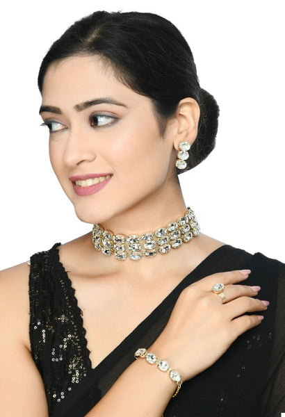 Mominos Fashion Johar Kamal Gold-Plated Finish Stone Choker For Women (White) - Distacart