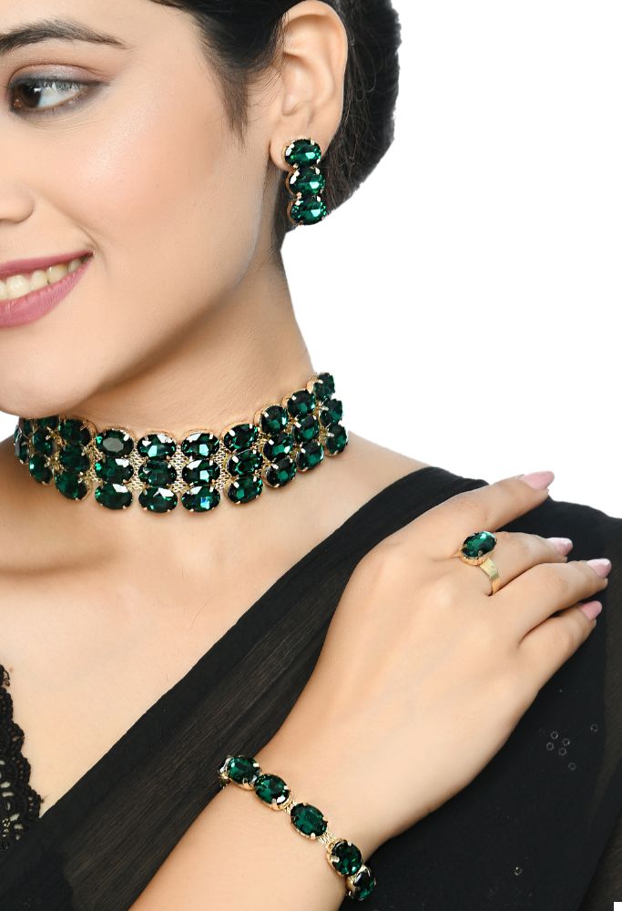 Mominos Fashion Johar Kamal Gold-Plated Finish Stone Choker For Women (Green) - Distacart