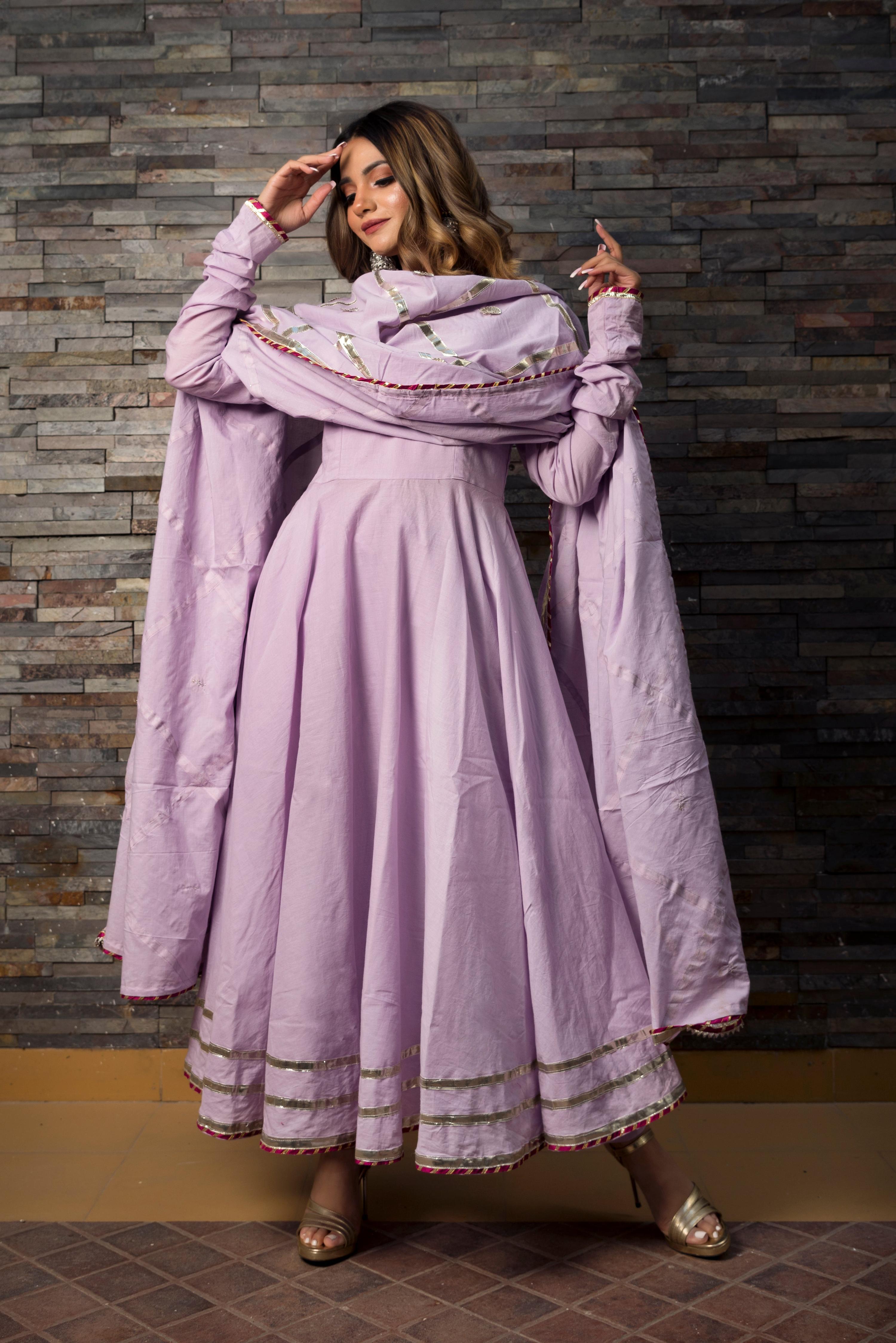 Pomcha Jaipur Sweet Pea Lavender Pure Cotton Anarkali Set - Distacart