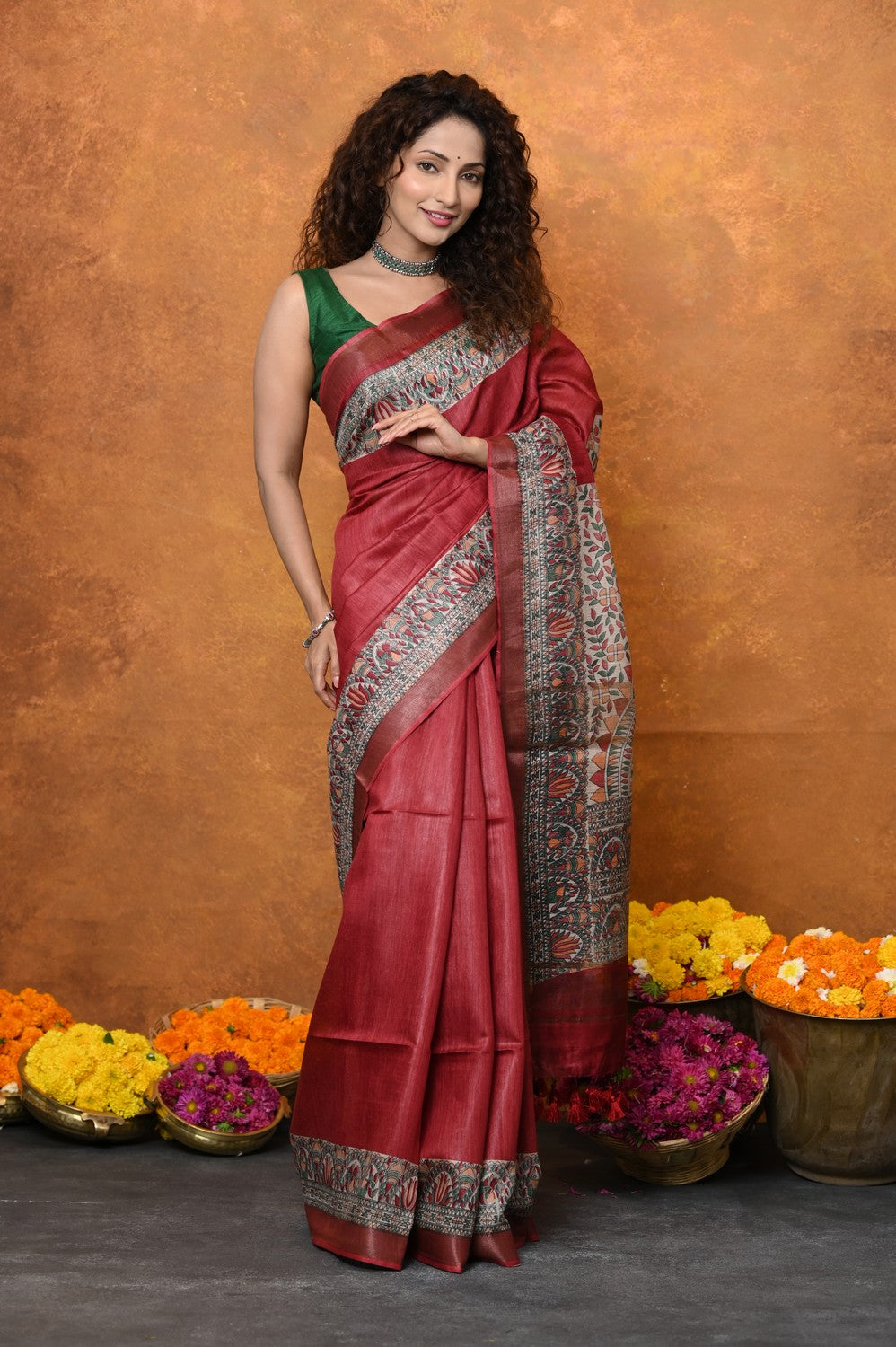 Very Much Indian Designed By VMI - Handloom Pure Tussar Silk Saree With Beautiful Madhubani Print - Red - Distacart
