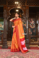 Thumbnail for Very Much Indian Handloom Cotton Viscose Ilkal Saree With Pure Resham Pallu - Bright Mustard Yellow With Red Border - Distacart