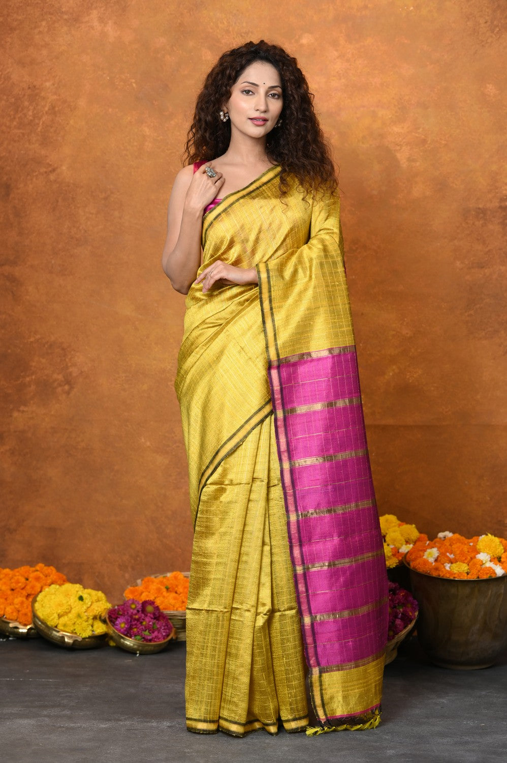 Very Much Indian Designed By VMI - Handloom Pure Tussar Silk Saree With Sleek Border - Yellow - Distacart
