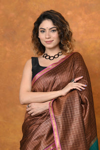 Thumbnail for Very Much Indian Designed By VMI - Handloom Pure Tussar Silk Saree With Sleek Border - Brown - Distacart