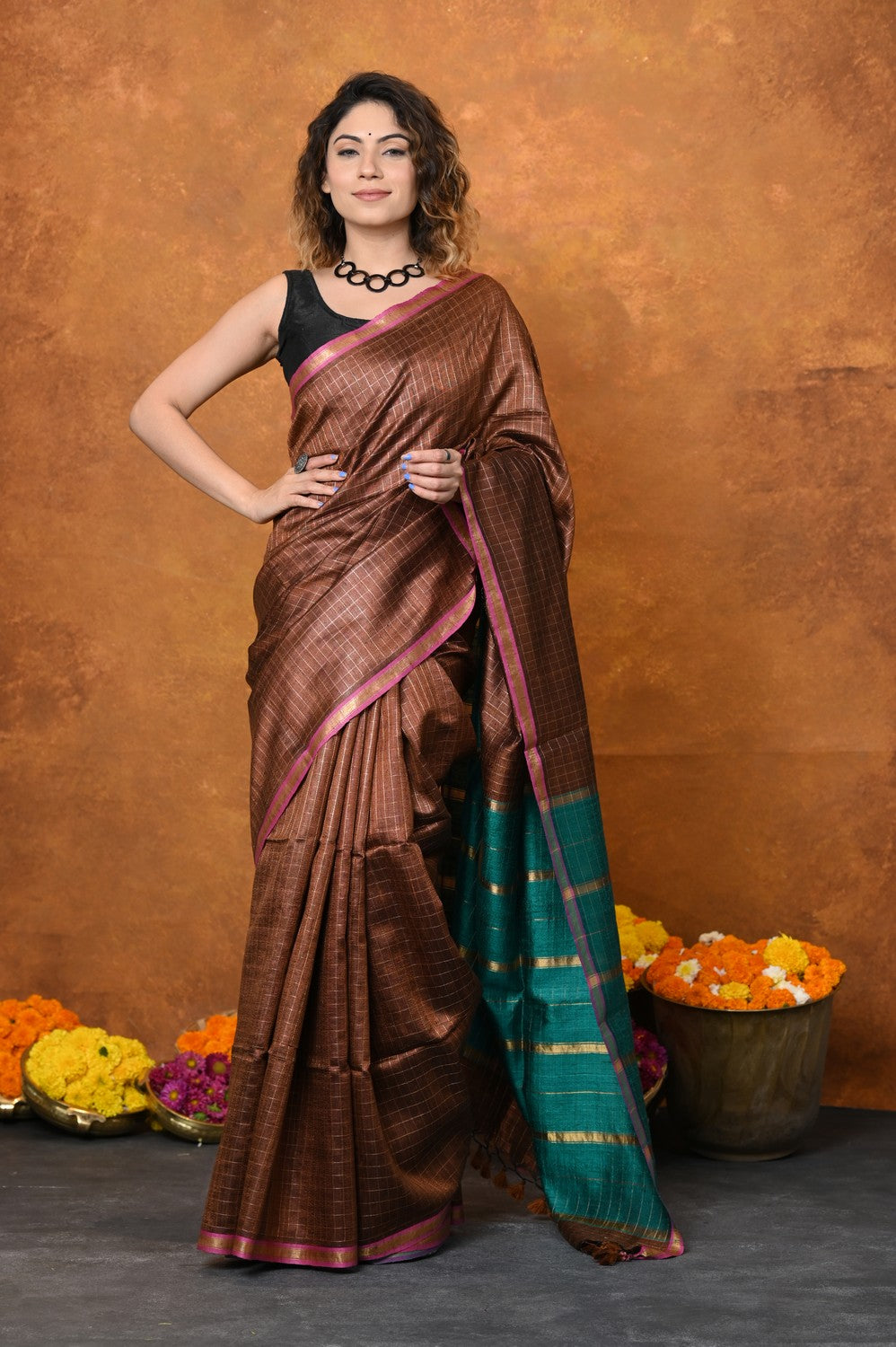 Very Much Indian Designed By VMI - Handloom Pure Tussar Silk Saree With Sleek Border - Brown - Distacart