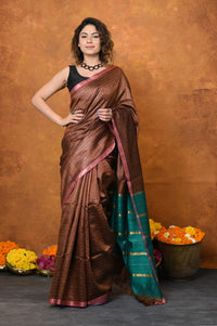 Thumbnail for Very Much Indian Designed By VMI - Handloom Pure Tussar Silk Saree With Sleek Border - Brown - Distacart