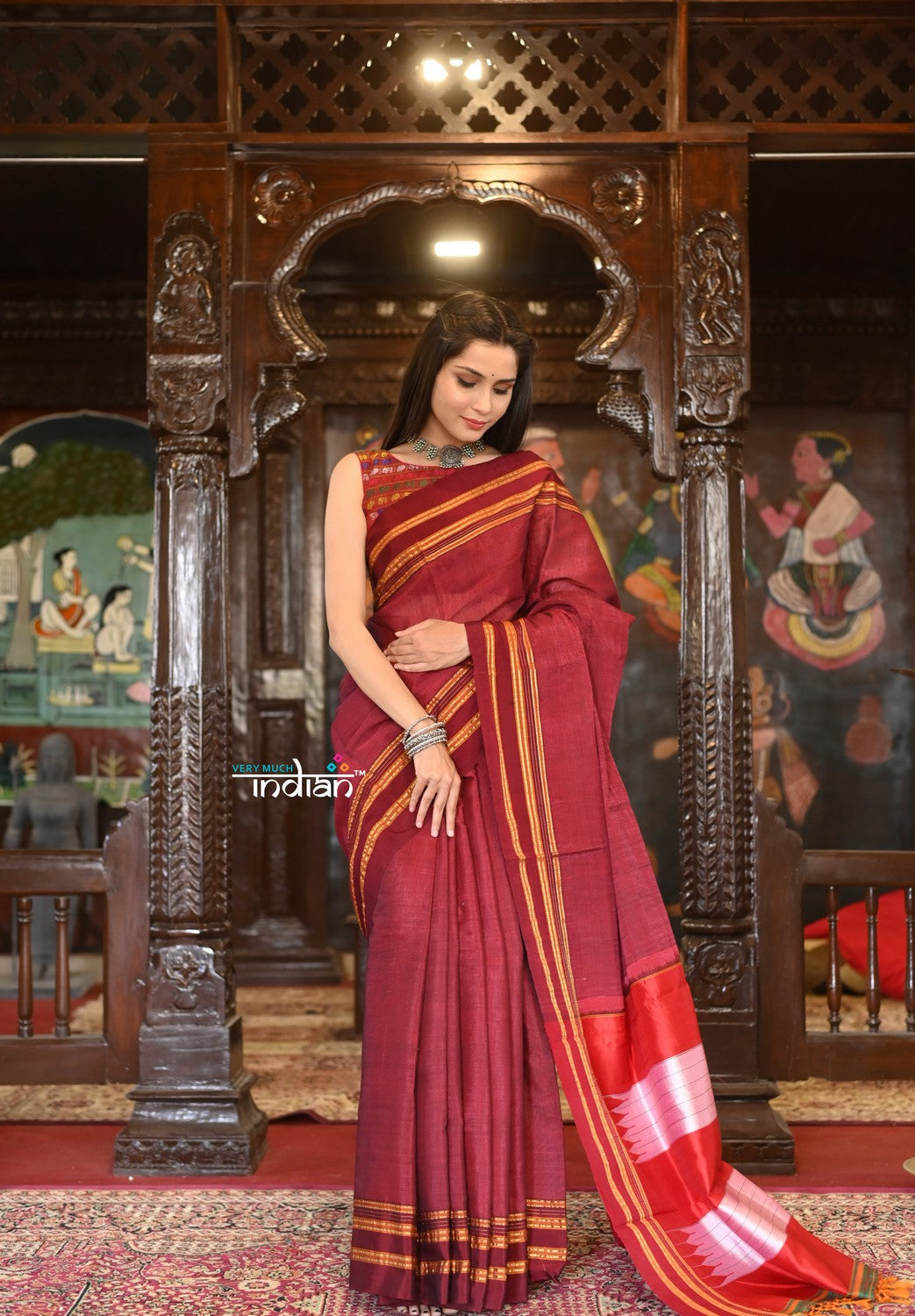 Very Much Indian Handloom Cotton Viscose Ilkal Saree With Pure Resham Pallu - Bright Maroon With Red Border - Distacart