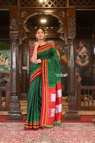 Very Much Indian Handloom Cotton Viscose Ilkal Saree With Pure Resham Pallu - Bright Green With Red Border - Distacart