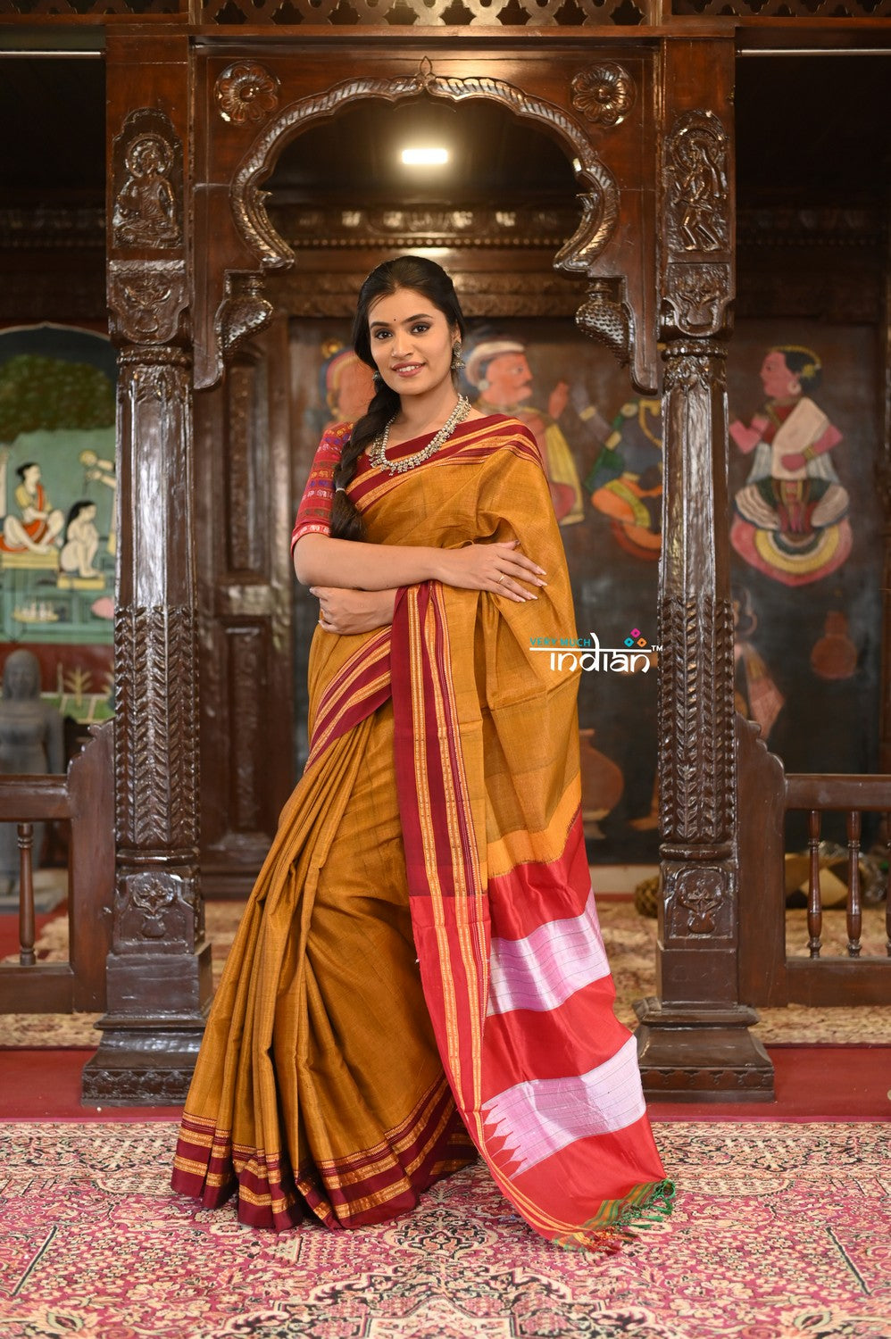 Very Much Indian Handloom Cotton Viscose Ilkal Saree With Pure Resham Pallu - Bright Beige Yellow With Red Border - Distacart