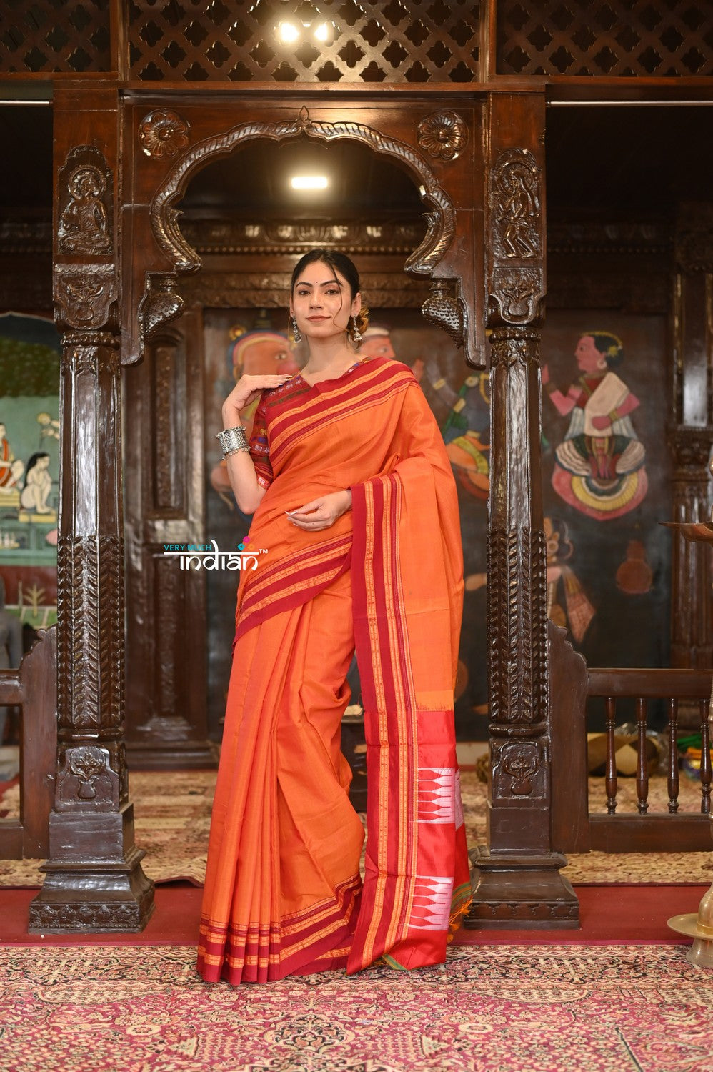 Very Much Indian Handloom Cotton Viscose Ilkal Saree With Pure Resham Pallu - Bright Orange With Red Border - Distacart