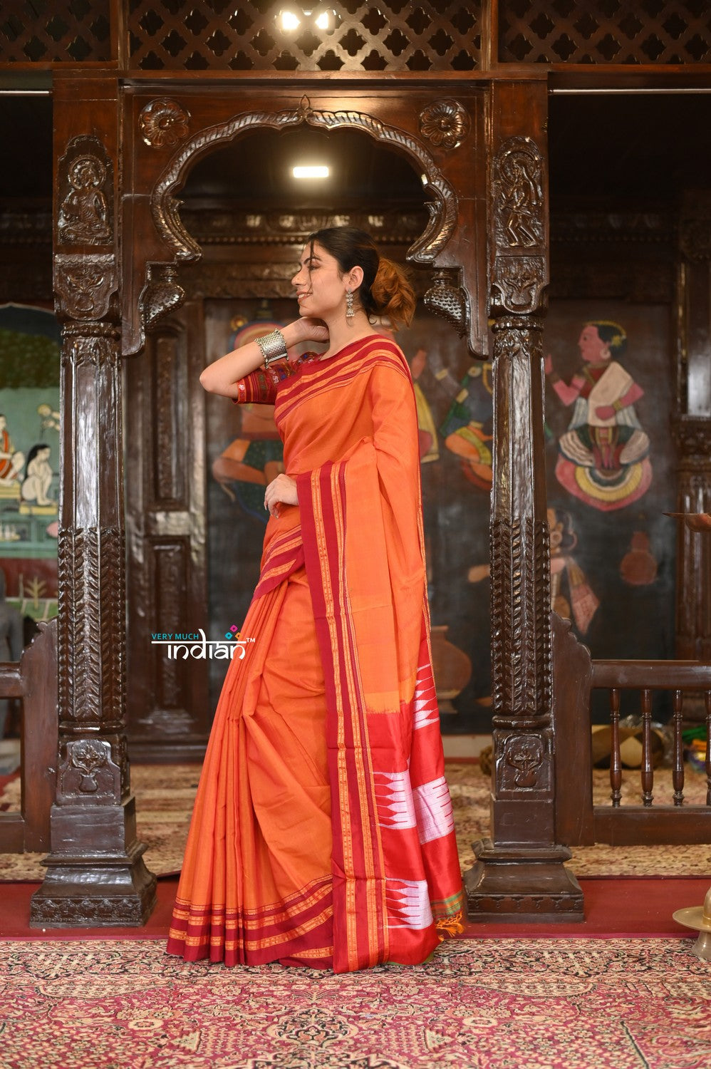Very Much Indian Handloom Cotton Viscose Ilkal Saree With Pure Resham Pallu - Bright Orange With Red Border - Distacart