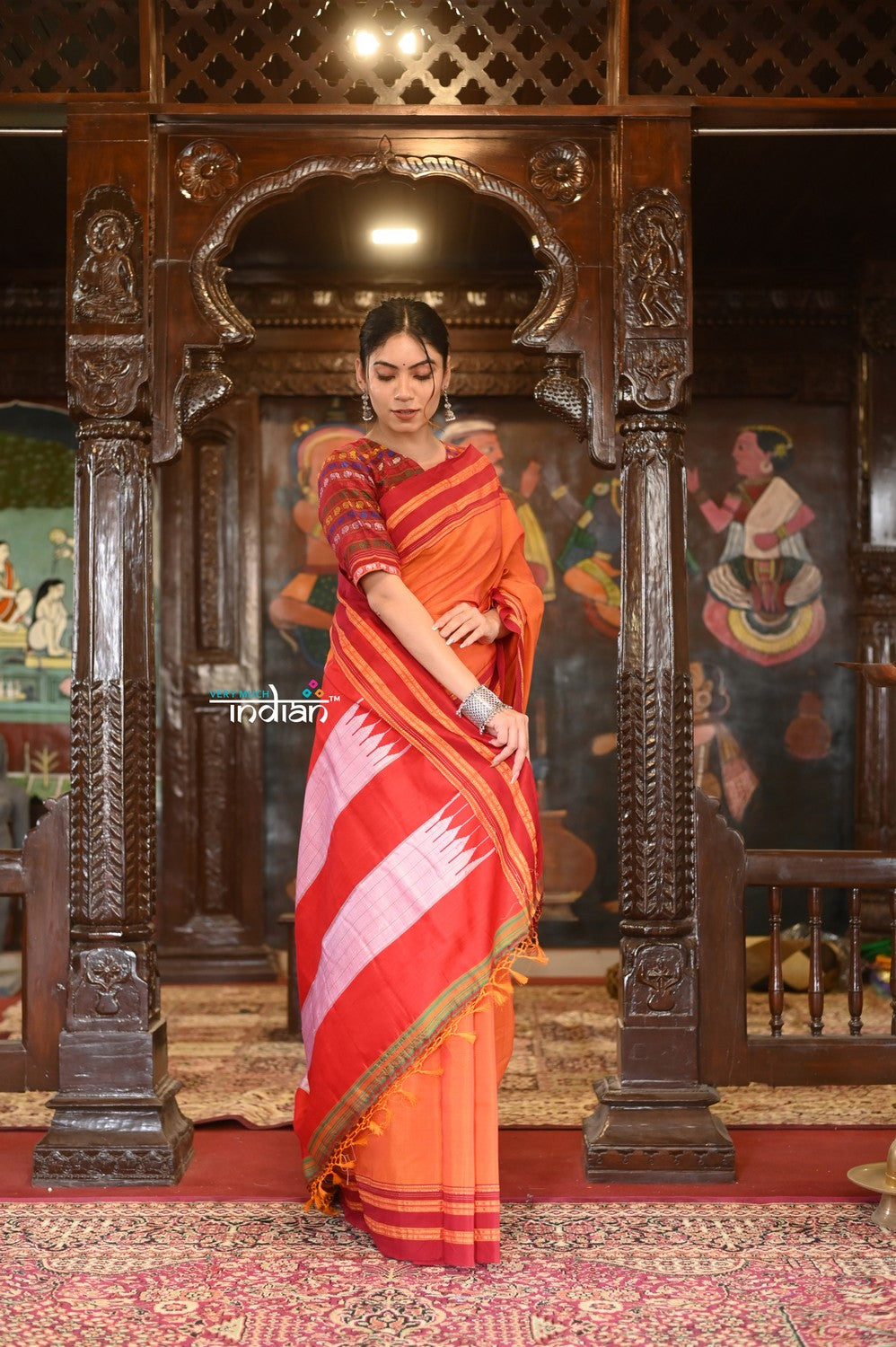 Very Much Indian Handloom Cotton Viscose Ilkal Saree With Pure Resham Pallu - Bright Orange With Red Border - Distacart