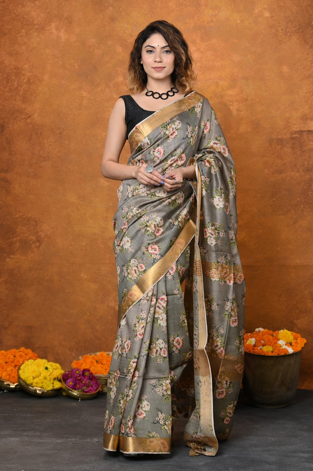 Very Much Indian Designed By VMI - Handloom Moonga Tussar Silk Saree With Digital Floral Print - Distacart