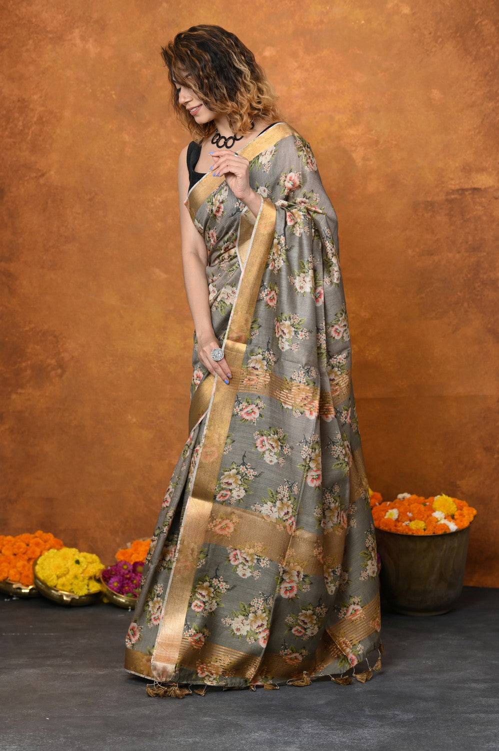 Very Much Indian Designed By VMI - Handloom Moonga Tussar Silk Saree With Digital Floral Print - Distacart