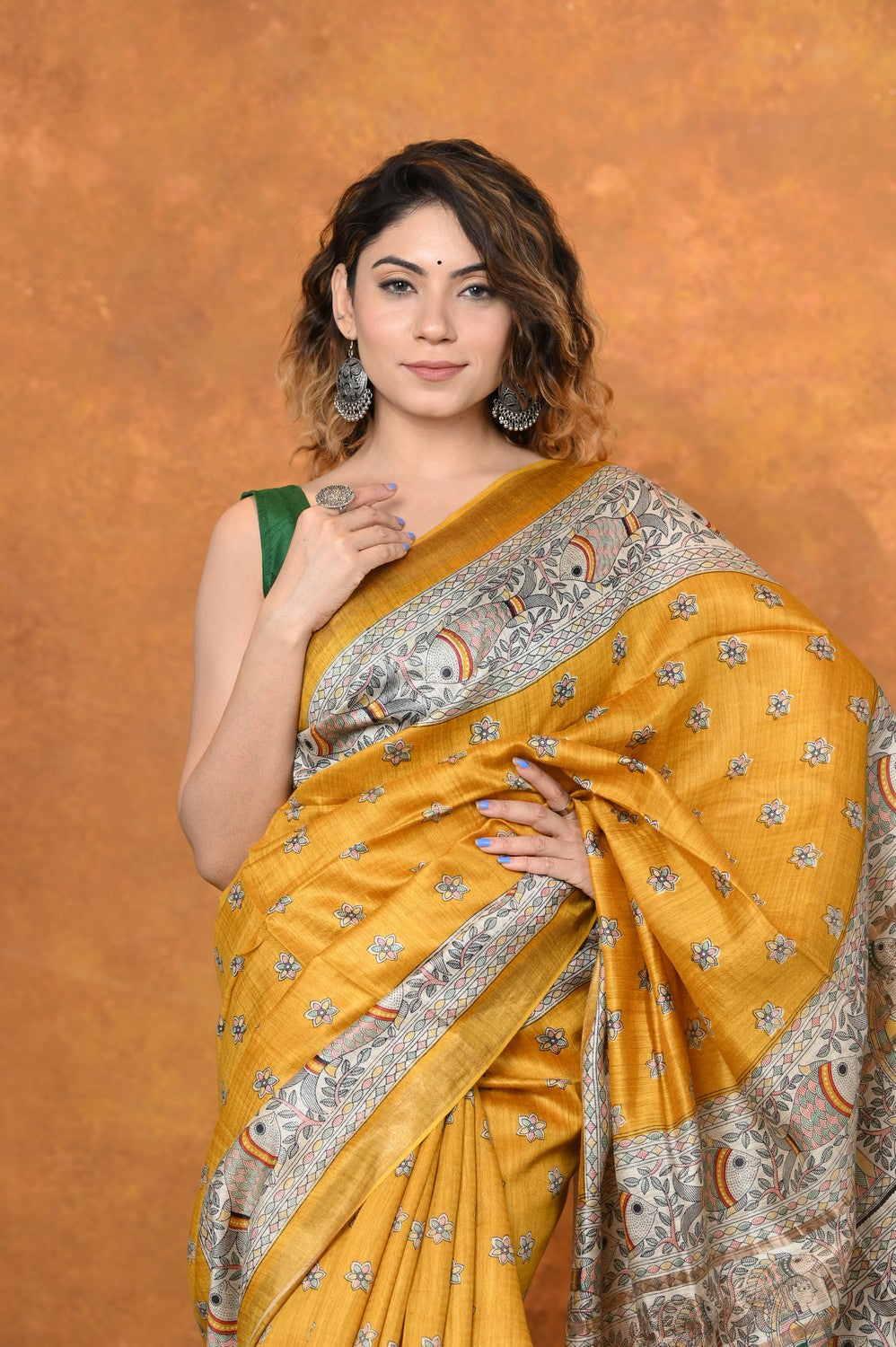 Very Much Indian Designed By VMI - Handloom Pure Tussar Silk Saree With Beautiful Madhubani Print - Yellow - Distacart